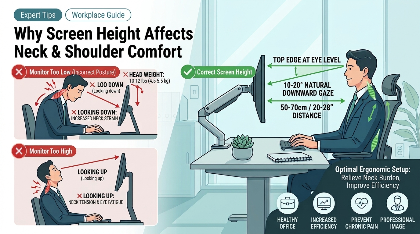 Why does monitor height affect neck and shoulder comfort?
